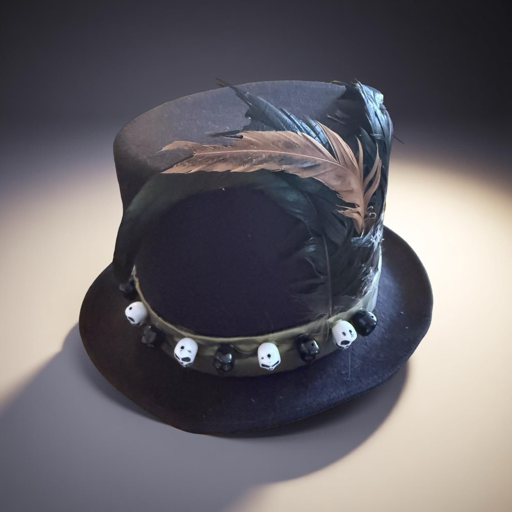 Black Felt Feathered Top Hat Halloween Skull Accents for Cosplay - Picture 6 of 11
